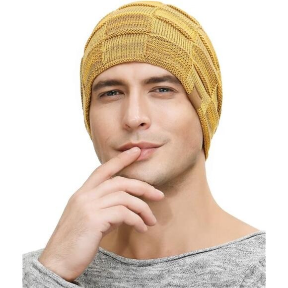 Slouchy Beanie Hats for Men Yellow - Picture 3 of 7